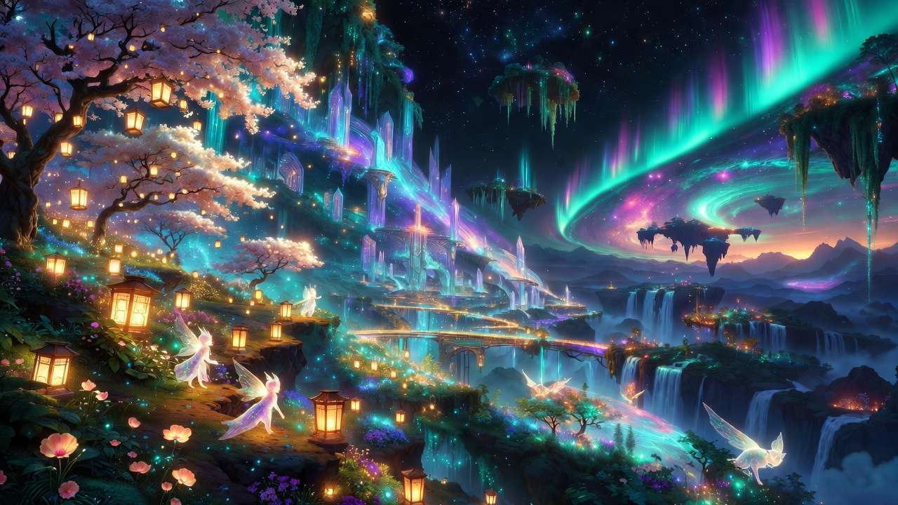 Fantasy landscape with cherry blossoms, glowing crystalline city, waterfalls, aurora borealis, fairy sprites