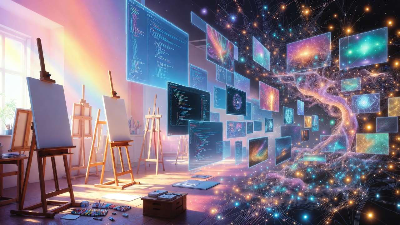 Artist studio with easels and rainbow light left, glowing neural network and floating code screens right