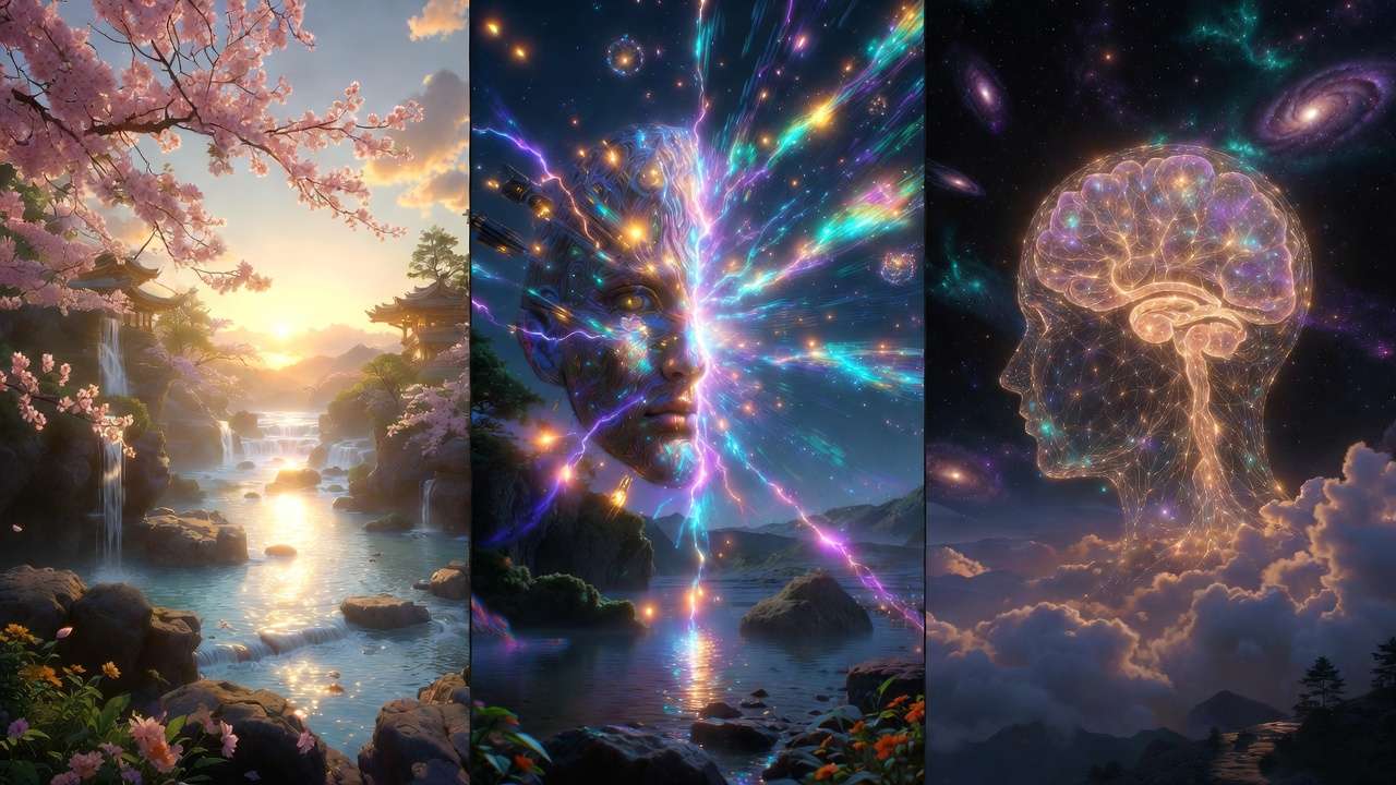 Triptych: Japanese garden with waterfall left, face with neon light burst center