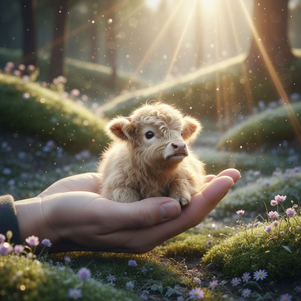 Tiny fluffy Highland calf in human hand, sunlit forest, sparkles, wildflowers
