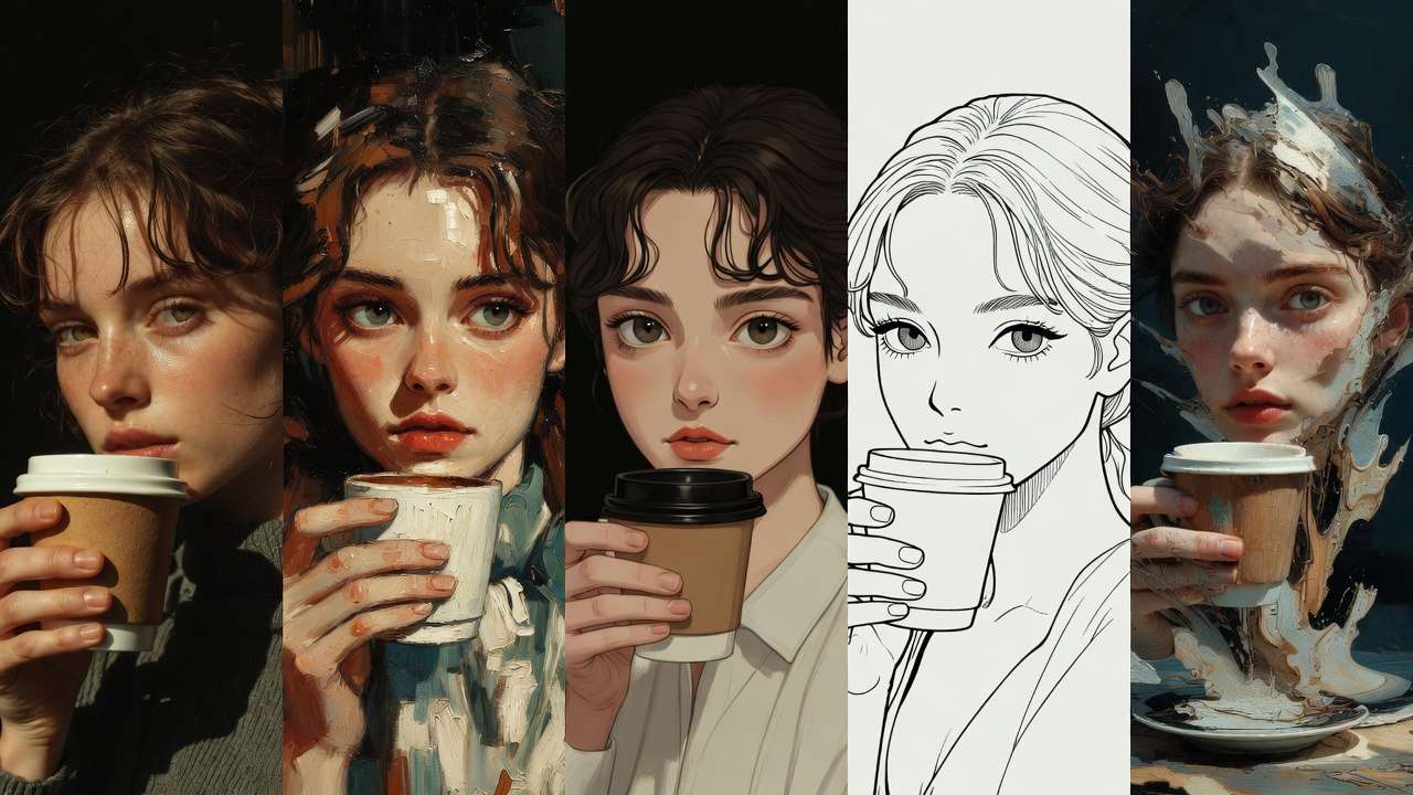 Five-panel style comparison: woman with coffee from realistic to impressionistic, anime, line art, surreal