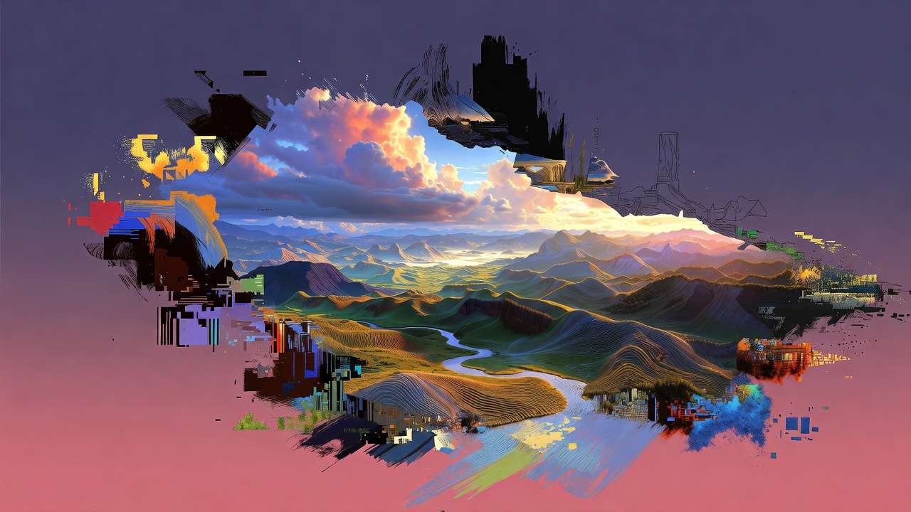 Landscape fragments into digital shards, glitch on edges