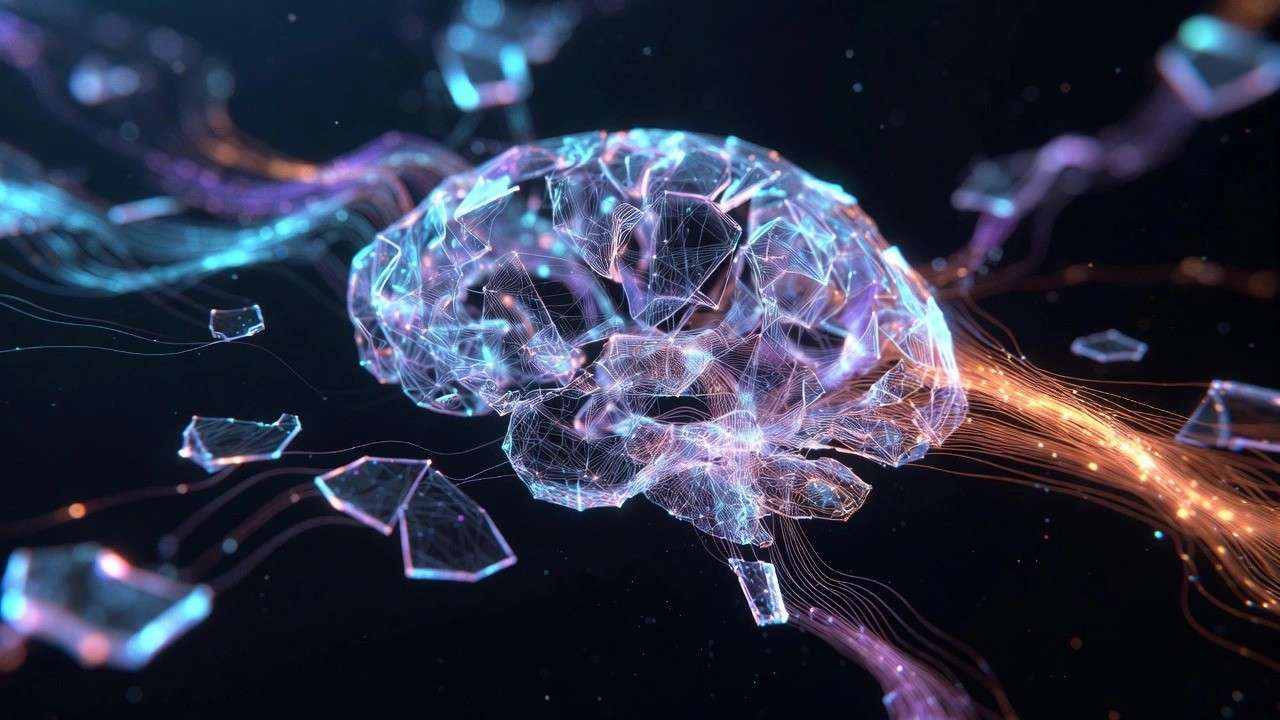 Crystalline brain with blue-purple-orange data streams, fragmented polygons