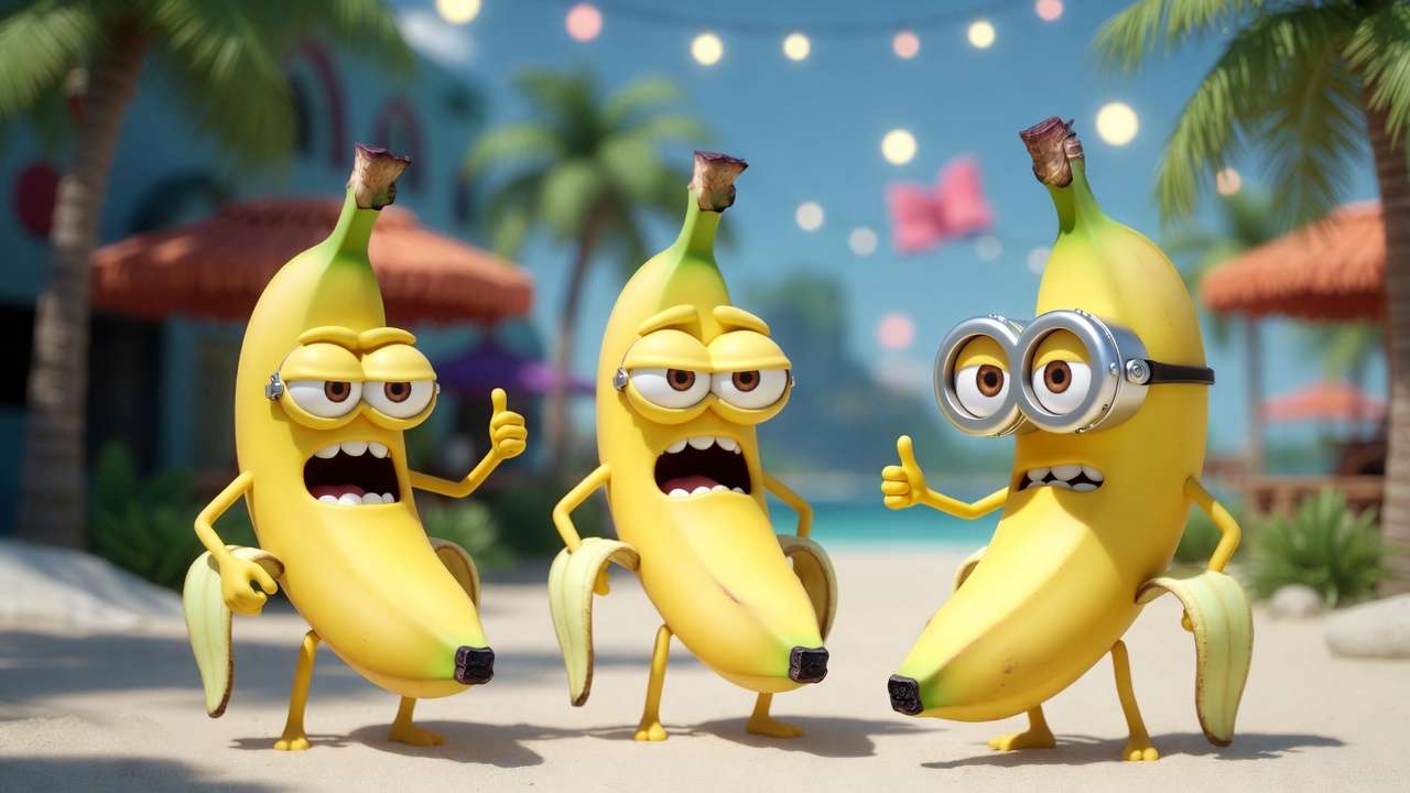 Three Minion-style bananas on beach, thumbs up