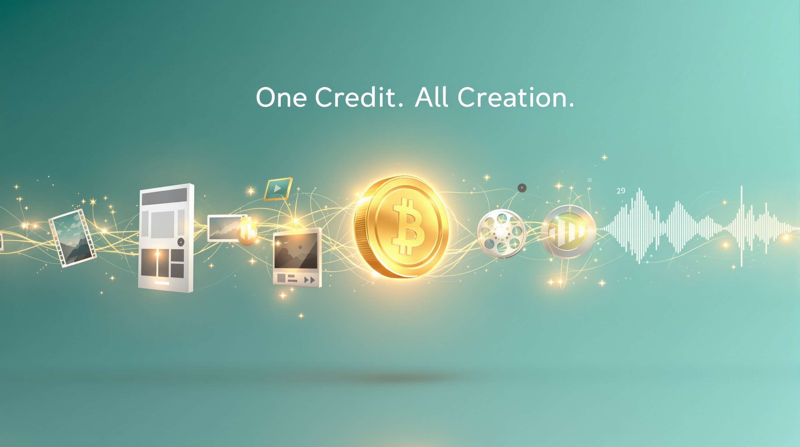 One Credit. All Creation. + golden Bitcoin coin, media icons