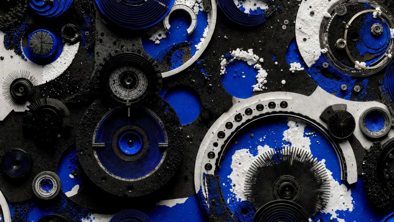 Abstract exploded mechanical gears, circuits, concentric rings, electric blue, black and white