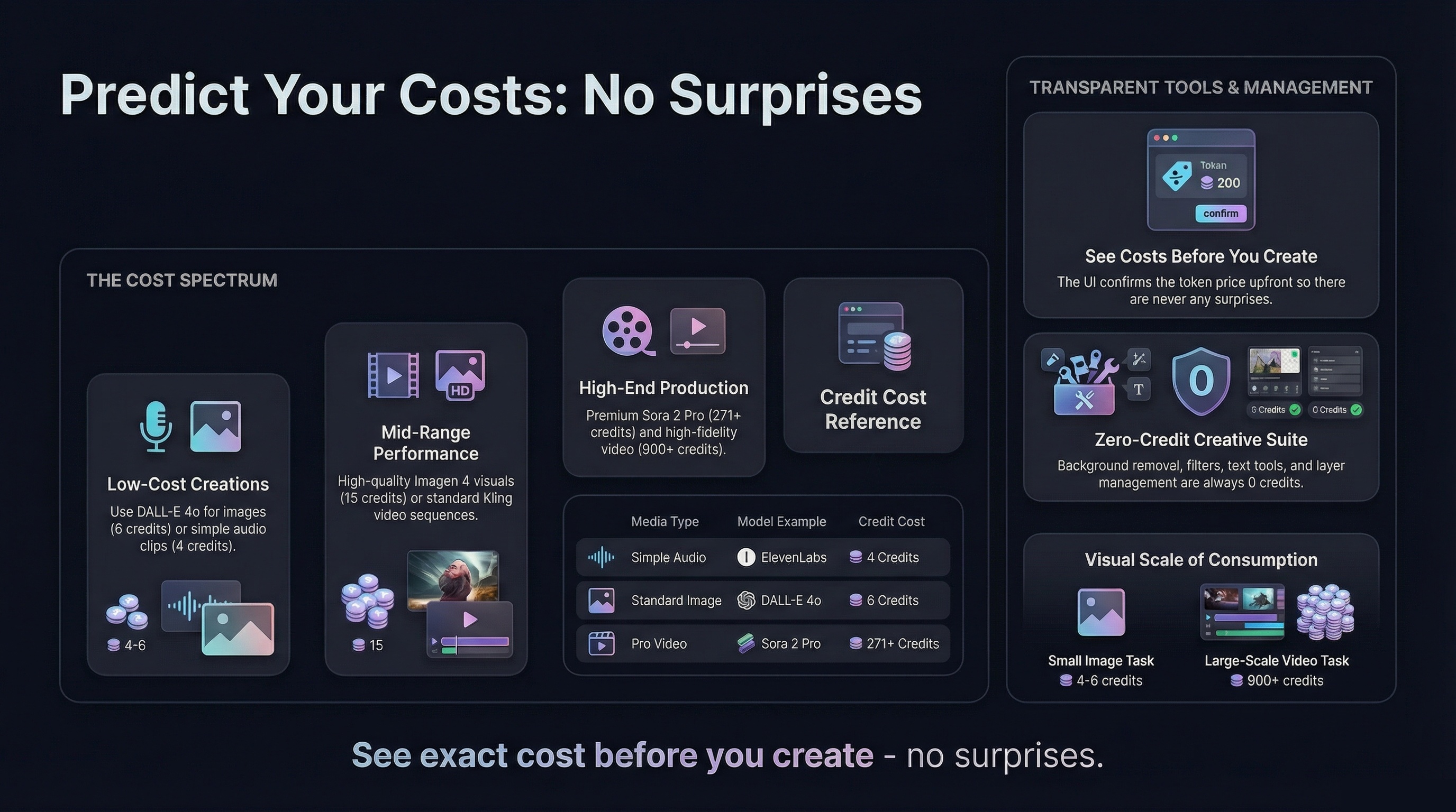 Predict your AI generation costs: transparent pricing showing low-cost tasks (2-6 credits), mid-range (15-58 credits), and high-end cinematic video (76-630+ credits) with no hidden surprises